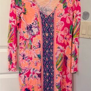 Lilly Pulitzer Pink Orange Navy Floral V-Neck Tunic Dress